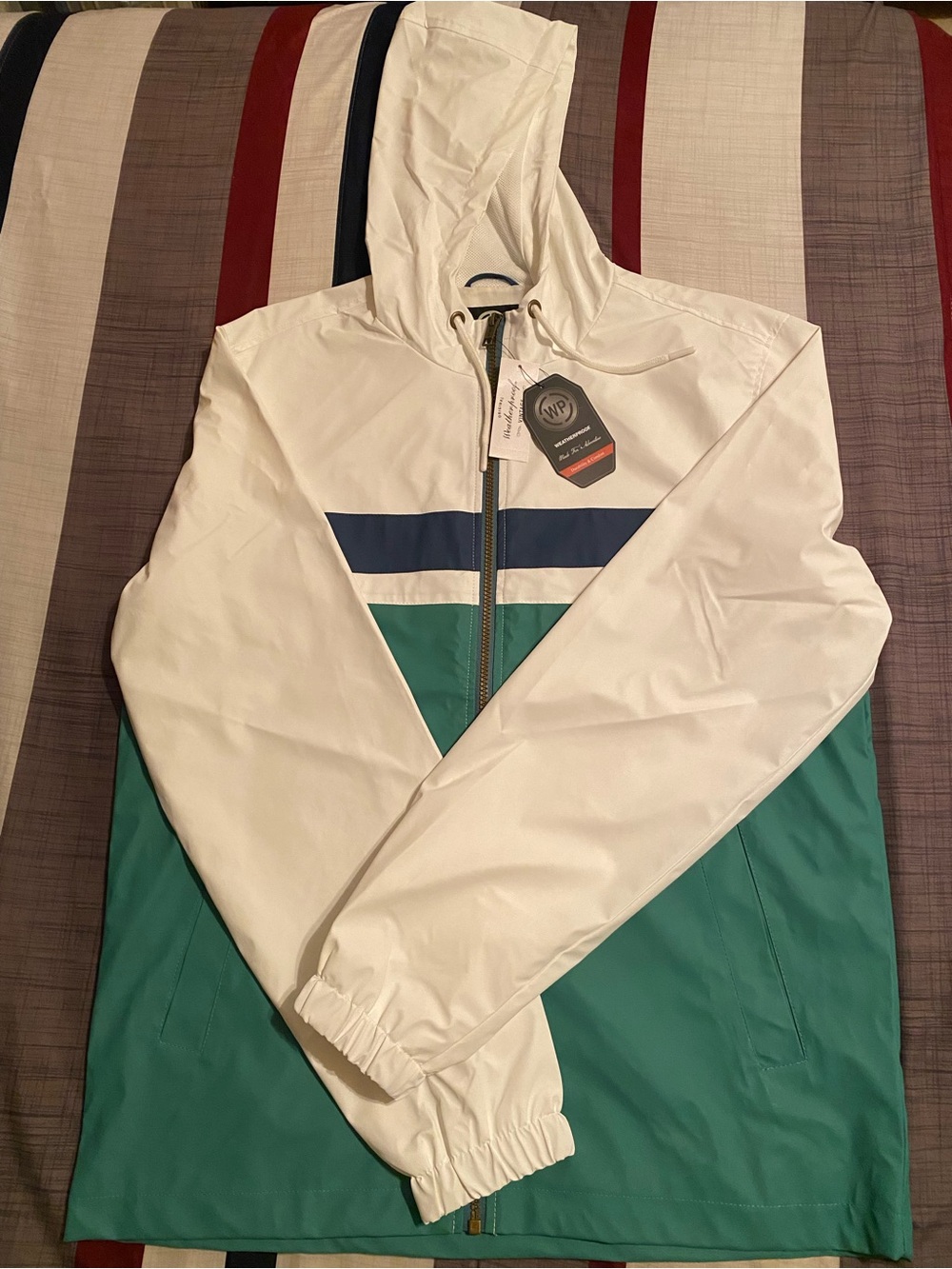Weatherproof White, Teal & Navy Colorblock Hooded Windbreaker